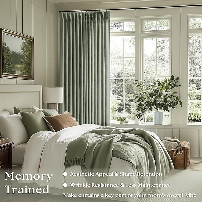 Sage Green Pinch Pleated Linen Curtains 80 Inches Long for Living Room Bedroom Light Filtering Boho Window Drape 80 inch 2 Panels with Hooks Rings Sliding Glass Door Semi Sheer Curtain Light Green