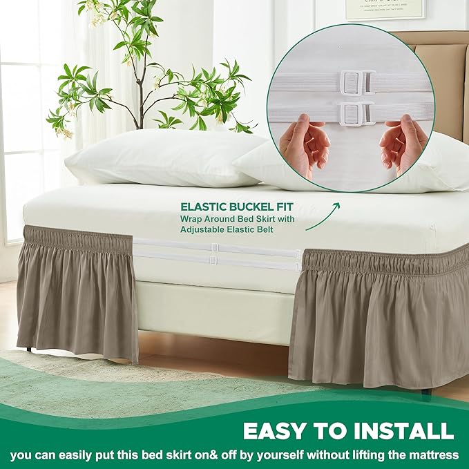Biscaynebay Wrap Around Bed Skirts for Queen Size Beds 18" Drop, Taupe Adjustable Elastic Dust Ruffles Easy Fit Wrinkle Resistant Silky Luxurious Fabric Machine Washable