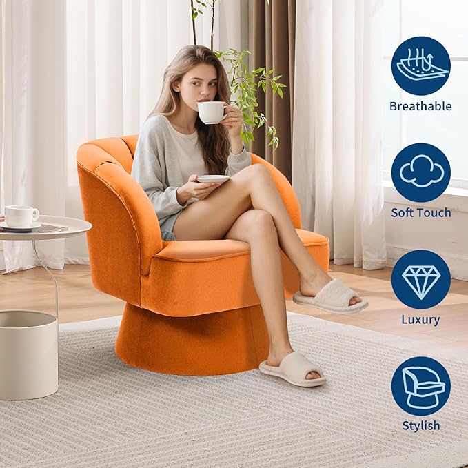 GarveeHome Modern Swivel Barrel Accent Chair, 360° Velvet Upholstered Armchair with Striped Backrest & Plush Padding, Comfy Round Lounge Chair (1, Orange + Velvet)