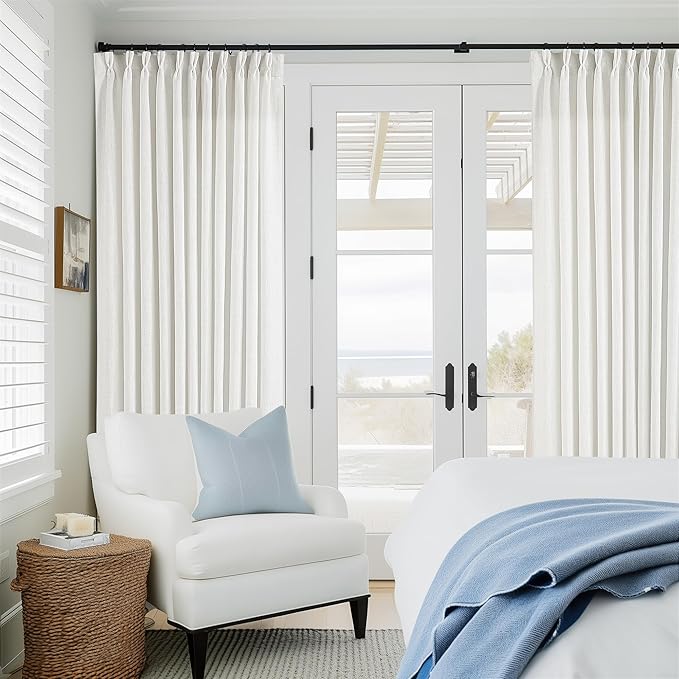 Extra Wide Pinch Pleat Curtains 120 Inches Long for Patio Sliding Glass Door White Linen 70 Inch Wide Curtain Memory Trained Pleated Drapes with Hooks Rings Semi Sheer 70x120 Curtain for Large Window