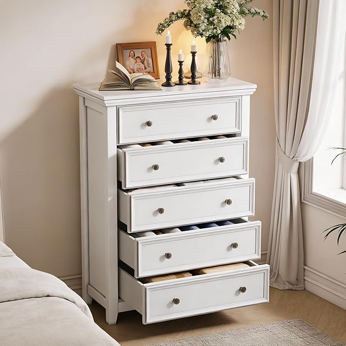 White Dresser for Bedroom,5 Chest of Drawers Dresser,Tall Nightstand Modern Clothes Organizer Cabinet Dressers for Bedroom,Closets,Hallway