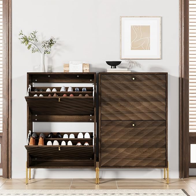 Smuxee Walnut Shoe Cabinet with 2 Flip Drawers, 23.6" Hidden Shoe Storage Cabinet with Golden Metal Feet, Freestanding Shoe Organizer Cabinet for Entryway, Hallway, Living Room
