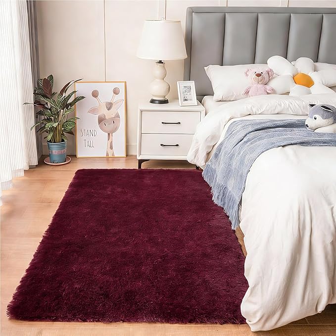 duduta Burgundy Plush Rugs for Bedroom 4x6 ft, Fluffy Carpet for Living Room, Shag Rug for Kids Room Dorm Nursery Playroom