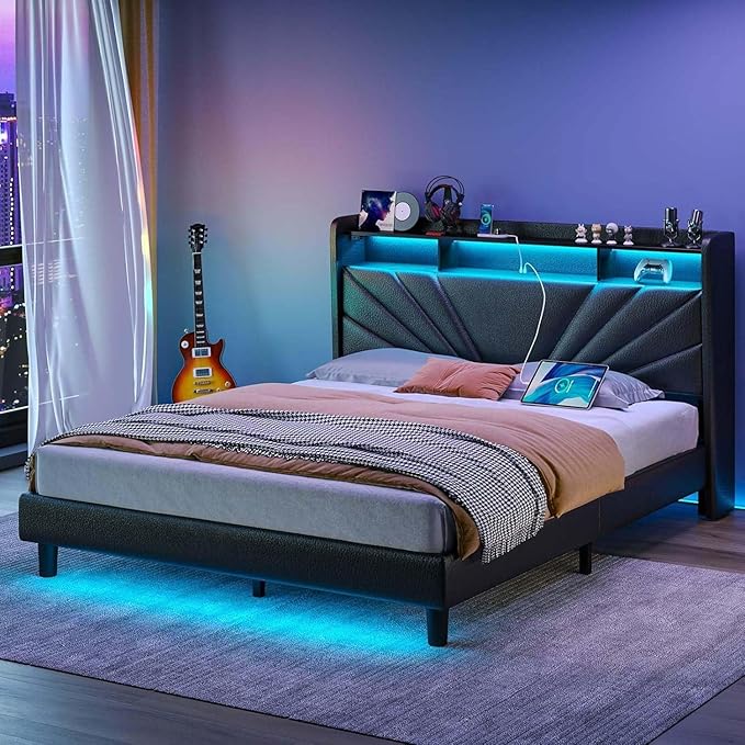 Rolanstar Queen Size Bed Frame, Storage Headboard with Charging Station and LED Lights, Upholstered Bed with Heavy Duty Wood Slats, No Box Spring Needed, Noise Free, Easy Assembly, Black