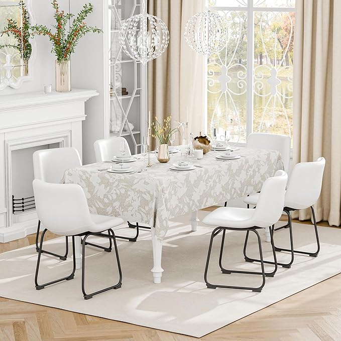 Dining Chairs Set of 6, 18 Inch Modern Armless Dining Chair with Back, Faux Leather Kitchen Dining Room Chair with Metal Legs for Home, Bistro Coffee Shops (White)