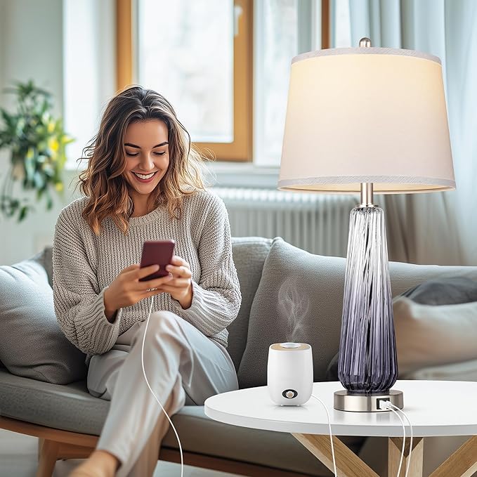 Glass Table Lamps Set of 2, Modern Bedside Lamps for Bedrooms with USB A+C Ports, 3-Way Dimmable Touch Control Nightstand Lamp with White Linen Shade, 27.5" Large Lamps for Living Room Decor, Grey