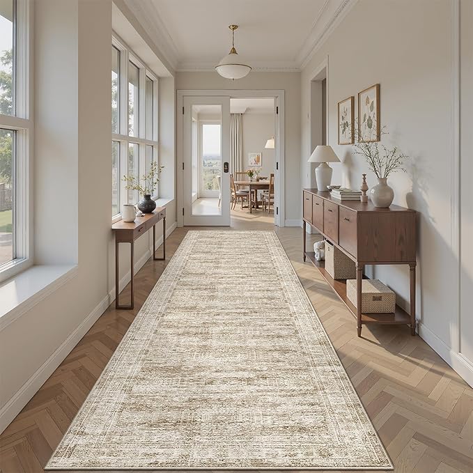 Runner Rug 2'6" x 14' Washable Non-Slip Runner Rugs for Kitchen Bathroom Laundry Room Vintage Ultra Thin Runners for Hallway Entryway Brown