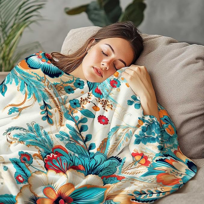 Flowers Blanket Throw, Turquoise Orange Hues Leaves Throw Blanket for Women Men, Soft Lightweight Flannel Fabric, Washable No-Pilling, 40x50 inches