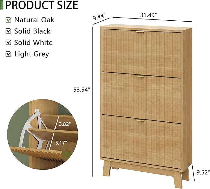 Shoe Cabinet with 3 Flip Drawers, 54" Tall Narrow Fluted Shoe Storage Organizer for Entryway, Hidden Slim Wooden Shoe Rack Cabinet for Front Door Entrance, Hallway, Living Room, Natural Oak