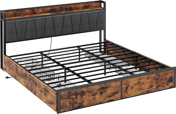 LIKIMIO California King Bed Frame with 4 Storage Drawers, Platform Bed with Charged Headboard, Sturdy and Stable, No Noise, No Box Spring Needed, Easy to Install, Vintage Brown and Gray