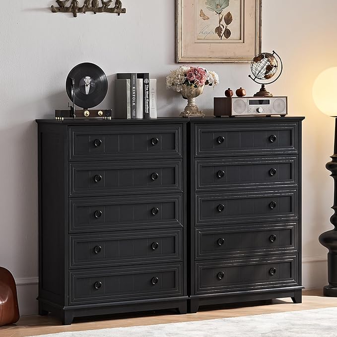 Farmhouse 5 Drawer Dresser for Bedroom Set of 2, 42" Tall Small Dressers & Chest of Drawers, Rustic Wood Dresser with Metal Handle, Storage Organizer Closet for Living Room, Hallway,Entryway