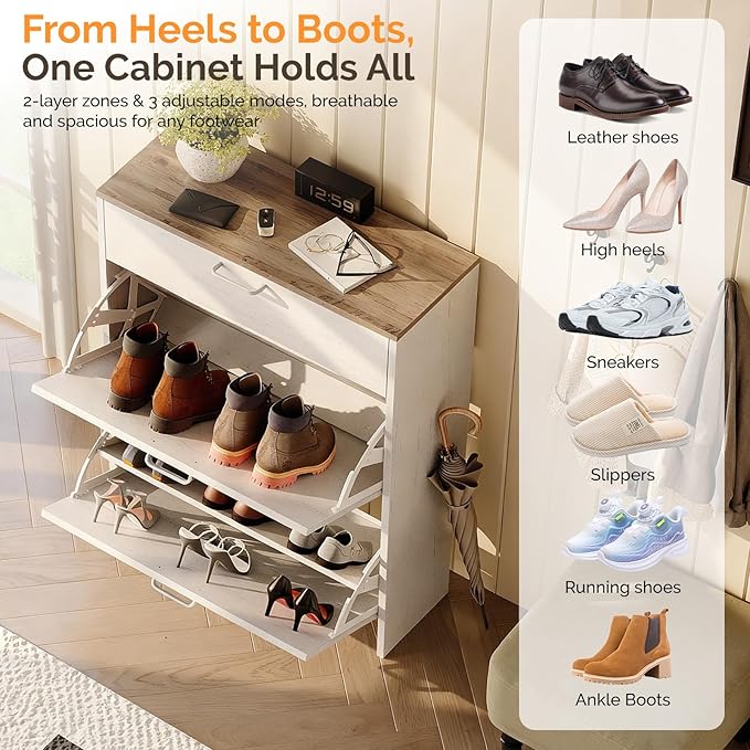 VINGLI Shoe Cabinet Storage for Entryway Ultra Slim with 2 Flip &1Drop-Down Drawers, 24.8" W Narrow Shoe Cabinet for Front Door Entrance,Freestanding Rustic White Wood Shoes Organizer for Hallway