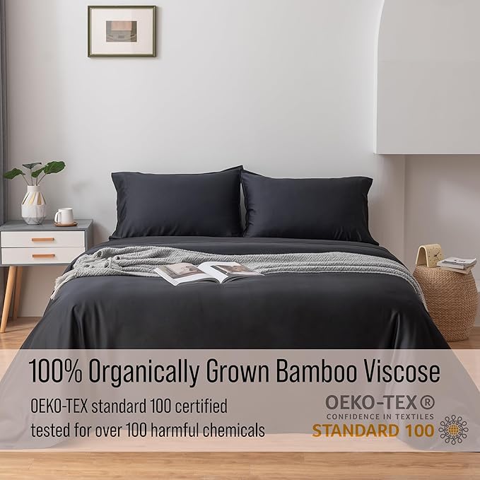 Bella Coterie Luxury Bamboo Viscose King Size Sheet Set | 100% Organically Grown | Ultra Soft | Cooling for Hot Sleepers | 18" Deep Pocket [Black]