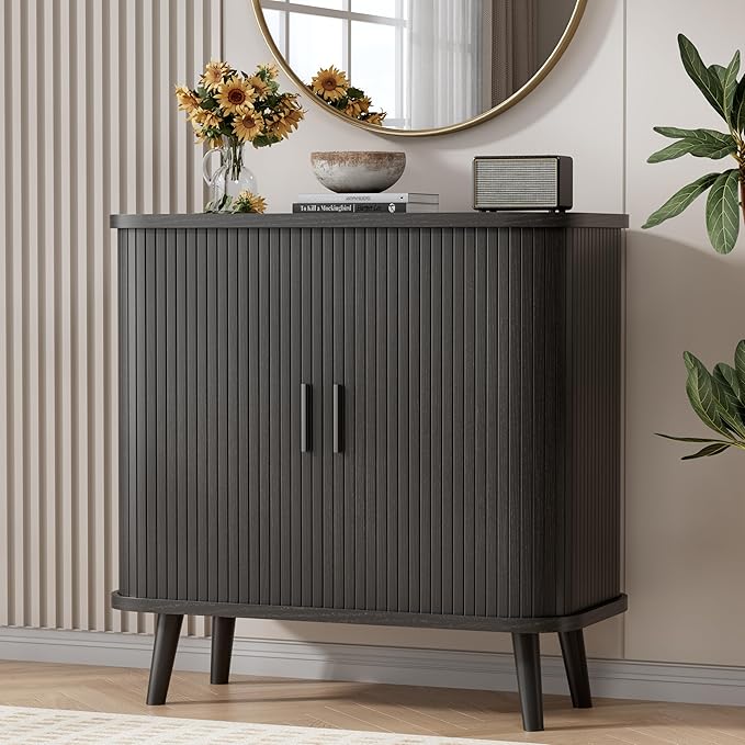 Buffet Cabinet with Storage, Curved-Edge Fluted Storage Cabinet Sideboard, Modern Black Sideboard Buffet with Adjustable Shelves & Sliding Door for Dining Room, Kitchen, Entryway