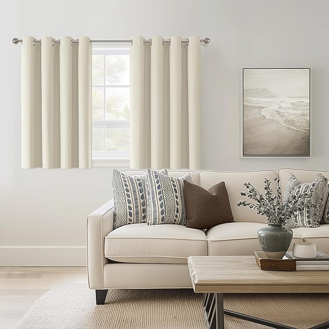 ChrisDowa 100% Blackout Birch Solid Curtains 45 Inches Long 2 Panels for Bedroom Living Room,Farmhouse Room Darkening Thermal Insulated Soundproof Grommet Top Window Treatment Drapes,52x45