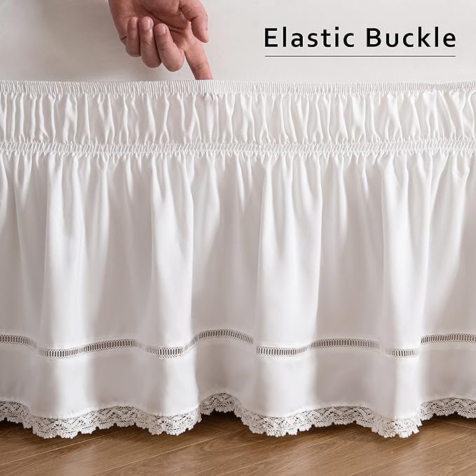 MIYE Wrap Around Ruffled Lace Bed Skirt, Elastic Dust Ruffle with Adjustable Belts,15 Inch Drop Easy to Put On, Bed Frame Cover, Machine Washable (Floral Lace, King/Queen-15)