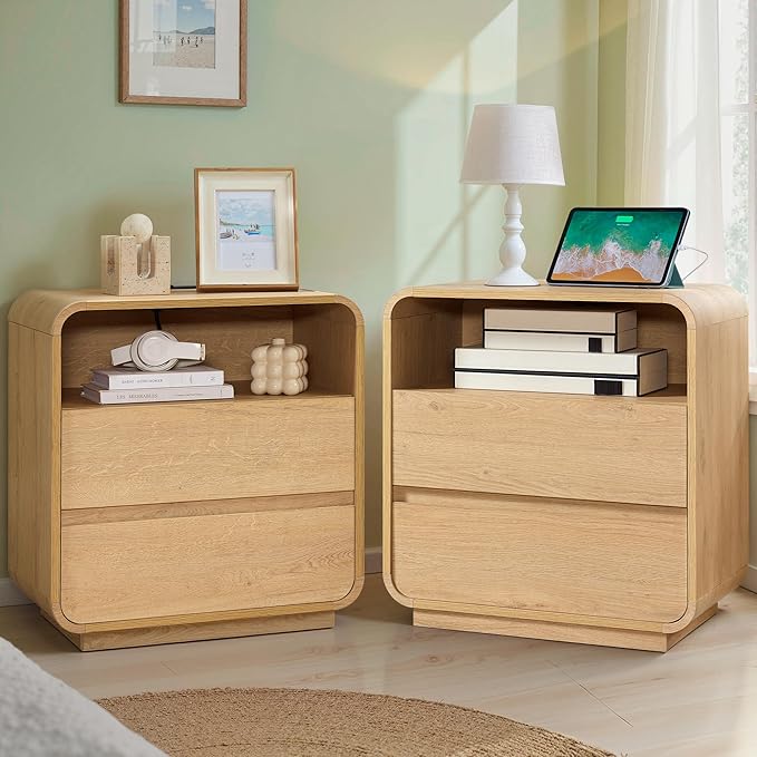 Modern Nightstand, 25" Tall Wood Bedside Table with Charging Station, 2 Storage Drawers Side Table, Large End Table Night Stand for Bedroom, Office, Sofa, Curved Profile Design, Natural