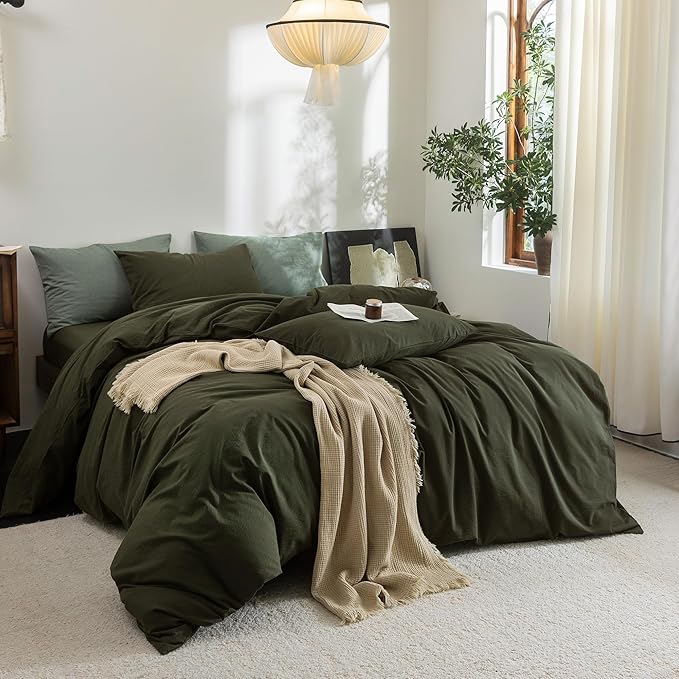 FOSSA Duvet Cover Set 100% Washed Cotton Linen Feel Super Soft Breathable Cozy Simple Style 3 Pieces Bedding Sets Solid Olive Green Super King Plus
