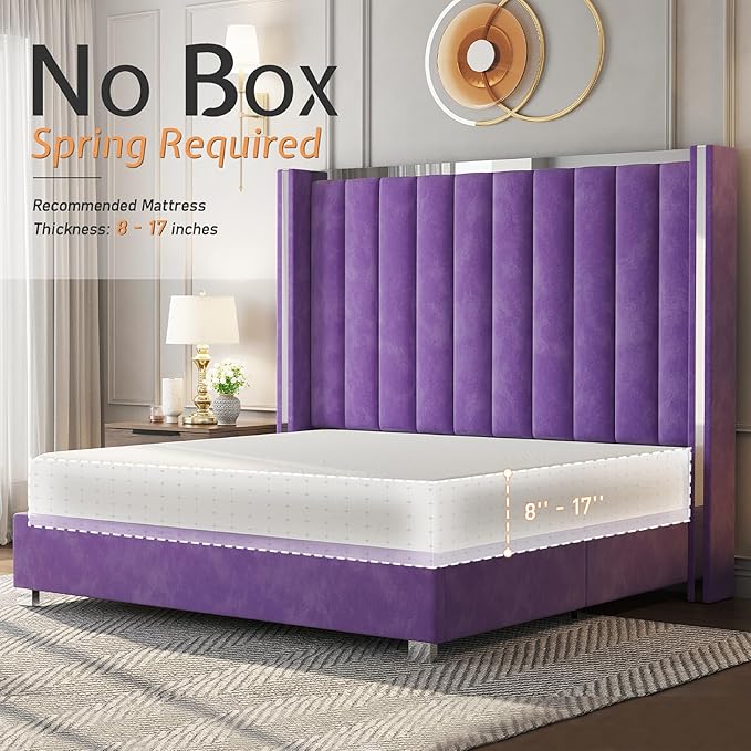 Jocisland King Size Bed Frame with 58" Tall Headboard, Velvet Upholstered Platform Bed with Channel Tufted Wingback Headboard and Plating Trim, No Box Spring Needed, Purple