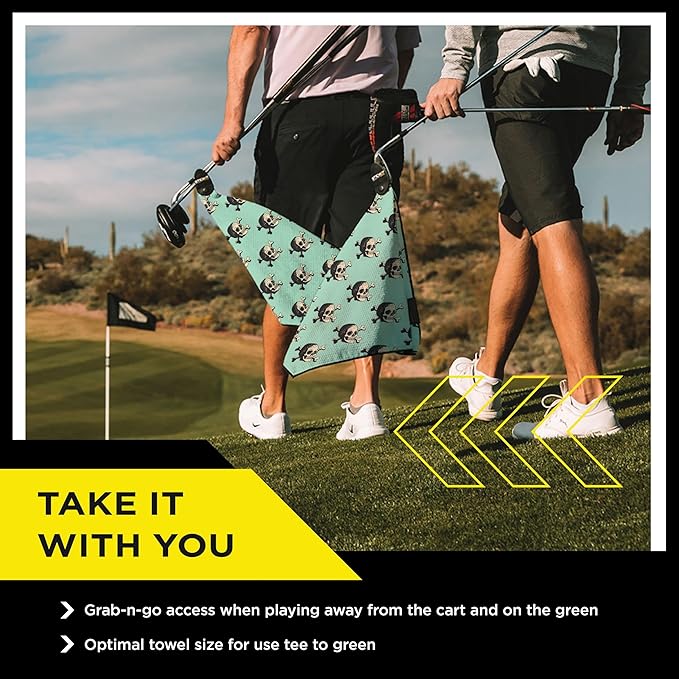 STICKIT Magnetic Seafoam Green Golf Towel with Golf Ball Skulls | Top-Tier Microfiber Golf Towel with Deep Waffle Pockets | Industrial Strength Magnet for Strong Hold to Golf Carts or Clubs