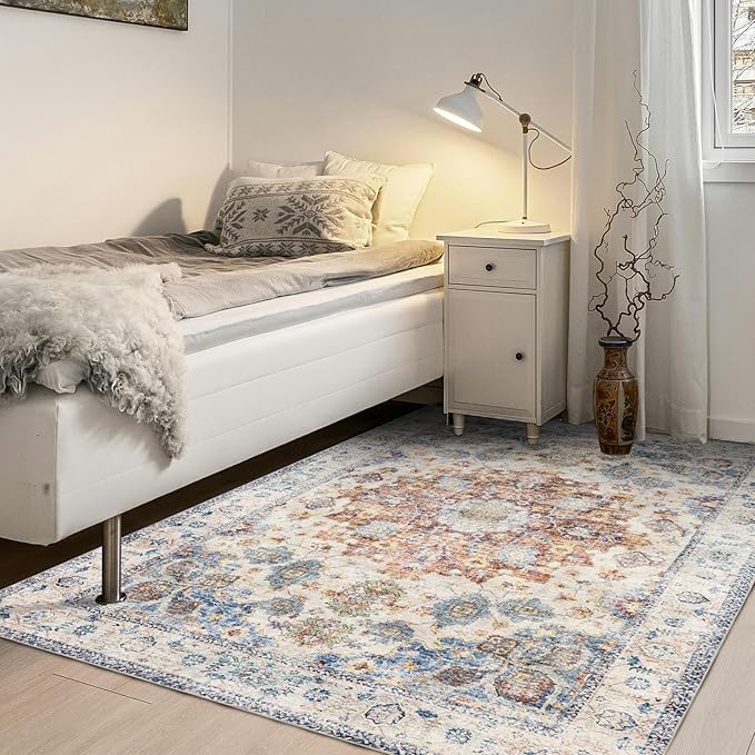 Area Rug 8×10, Large Vintage Boho Rug,Ultra-Soft Low Pile, Washable, Non Slip,Stain Resistant, Printed Carpet for Living Room Bedrooms Playroom Office Kitchen, Blue/Red