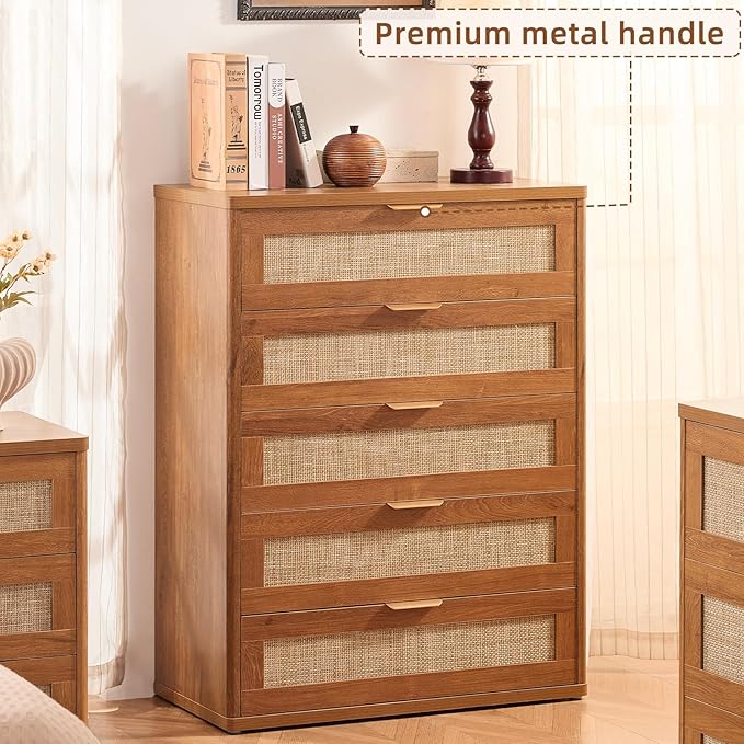 LEYAOYAO Rattan Dresser and Nightstand Sets 3, Boho Wood Dresser for Bedroom with 6 Drawers and Night Stand with 3 Drawer, Bedroom Furniture, Dressers & Chests of Drawers, Living Room, Hallway