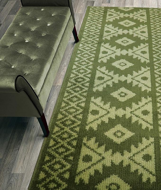 Custom Length Hallway Runner Rug,Slip Resistant,Southwestern Green, 26 Inch X 23 feet, Sold and Priced Per Foot