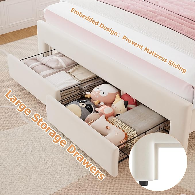 Velvet Upholstered Full LED Bed Frame with 2 Storage Drawers and Adjustable Chic Double Wavy Headboard, Princess Platform Bed with Charing Station, Solid Wood Slats Support,No Box Spring Needed,Beige