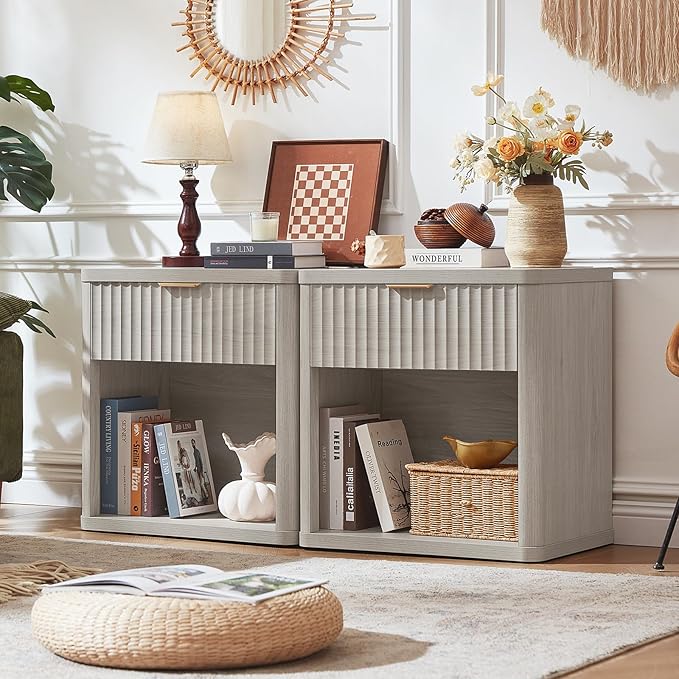 LEYAOYAO Fluted Nightstand with Charging Station, 23" Wide 1 Drawers Night Stand,LightGrey End Table with Open Storage,Farmhouse Bed Side Tables, Wood Dresser for Bedroom, Living Room, Closet