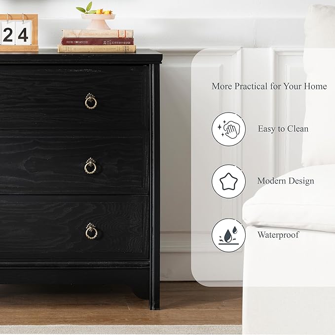 Chogori Solid Wood Dresser for Bedroom- Natural Wood Veneers & Water Based Paint Finished- Vintage Chests of Drawers, Small 3 Drawer Dresser (2, Black)