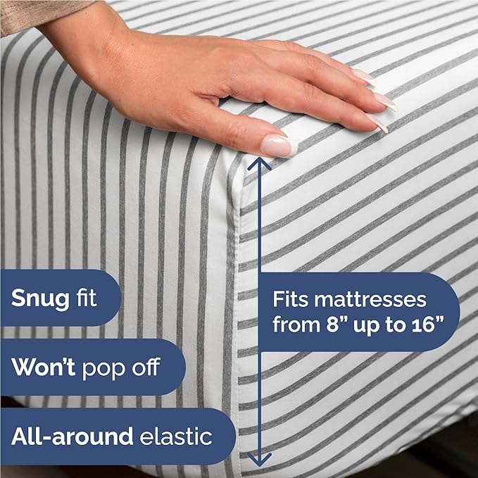 Twin XL 4 Piece Sheet Set - Cooling, Comfy & Breathable - Hotel Luxury Bedding Includes Fitted Sheet for Women, Men, Kids & Teens - 1 Flat, 1 Fitted Sheet, 2 Pillowcases w/Deep Pockets - Grey Stripes