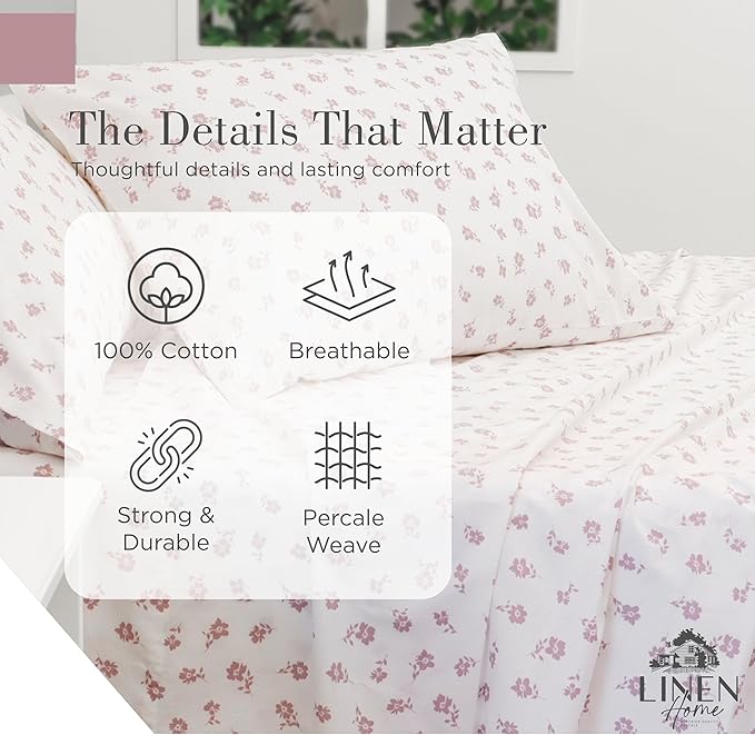 Linen Home 100% Cotton Printed Percale Sheets California King Size, Deep Pocket, 4 Pieces Set-1 Flat, 1 Deep Pocket Fitted Sheet and 2 Pillowcases, Crisp Cool Bed Linen, Mauve Silhouette Floral