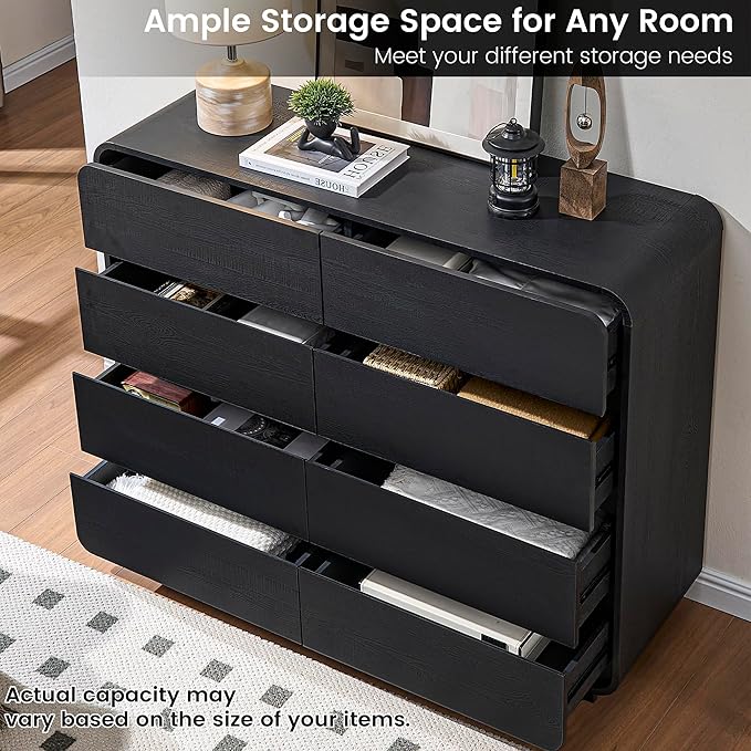 Black Dresser with 8 Drawers, Modern Chest of Drawers with Deep Drawers, Big Storage Organizer for Bedroom, Living Room, Hallway, 47’’Wide
