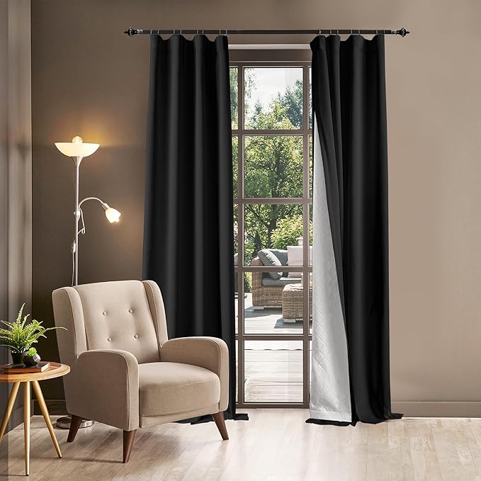 Soundproof 100% Blackout Curtains 80 inches, 3 Layers Thermal Insulated Back Tab Drapes for Door Window Nursery Divider Living Room, with Pin Hooks Black 50x80 Inch 1 Panel