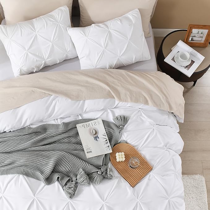 Litanika White Oversized King Pinch Pleat Duvet Cover, 3 Pieces Pintuck Cover Soft Microfiber Bedding Set with Zipper Closure & Corner Ties(1 Duvet Cover, 2 Pillowcases)