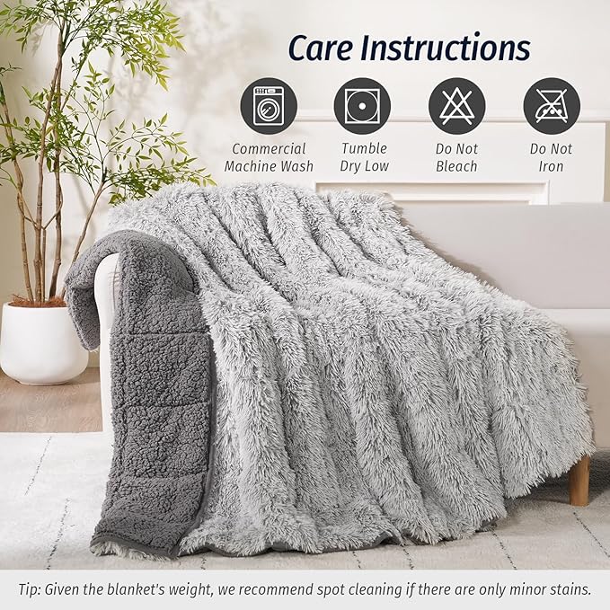 Wemore Shaggy Long Fur Faux Fur Weighted Blanket, Cozy and Plush Sherpa Long Hair Blanket for Adult 15lbs, Fluffy Fuzzy Sherpa Reverse Heavy Blanket for Bed, Couch, Backprint Grey, 48 x 72 Inches