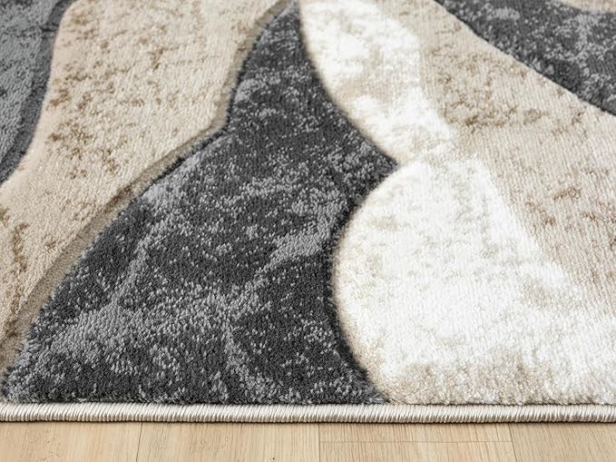 Modern Abstract Area Rug Hand Carved Contemporary Geometric Swirls Vibrant Colors Carpet for Living Room Bedroom Design PR1002 (Beige, 5' x 7')
