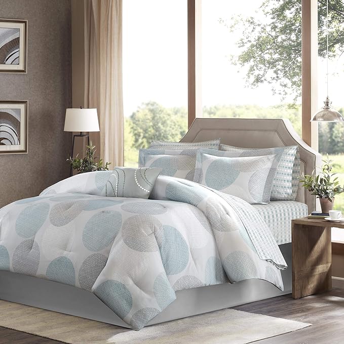 Madison Park Essentials Bed in a Bag Comforter, Vibrant Color Design All Season Down Alternative Cover with Complete Cotton Sheet Set, Cal King(104"x92"), Knowles, Circular Aqua, 9 Piece