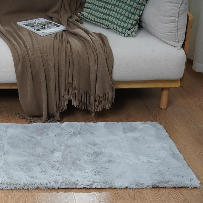 Latepis Small Grey 2x3 Fluffy Rug Washable Rugs Faux Rabbit Fur Shag Gray Rugs Plush Furry Shaggy Rug for Bedroom Dorm Chair Seat Cover Nursery Teen Room