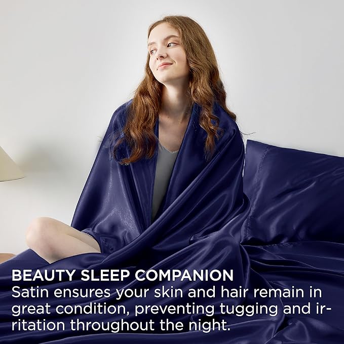 Bedsure Satin Sheets King Size - 4 Piece Silky Bedsheets with 15 Inches Deep Pocket Fitted Bedsheet,1 Flat Sheet, 2 Satin Pillowcases, Good for Hair & Skin (King, Navy)