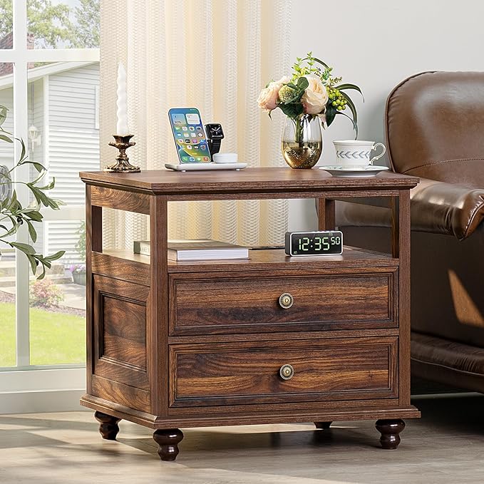 Farmhouse Furniture Set, Nightstands Set of 2 and 7 Drawers Dresser for Bedroom, 54 Inch Wide Wood Dresser and 24" Night Stands with Charging Station for Bedroom, Living Room, Hallway
