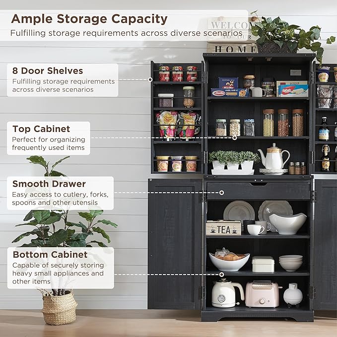 ACCOHOHO 72" Tall Kitchen Pantry, Farmhouse Storage Cabinet with Barn Door, Organizer, Drawer and Adjustable Shelves, Rustic Wood Cupboard for Kitchen, Dining Room, Bathroom, Black