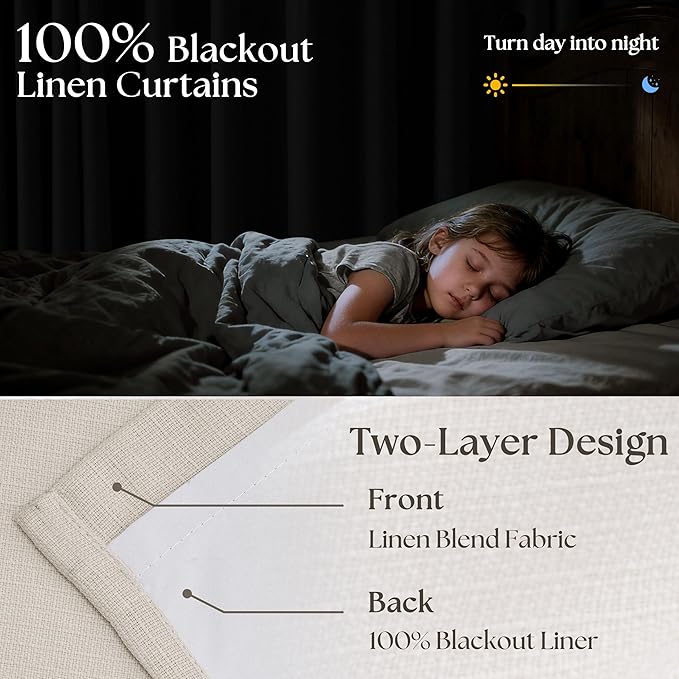 100 Inch Blackout Linen Curtains Pinch Pleated Back Tab Dual Layer Thermal Inslulated Room Darkening 100% Black Out Curtains 2 Panels for Sliding Glass Door Bedroom Living Cream Ivory Window Drapes