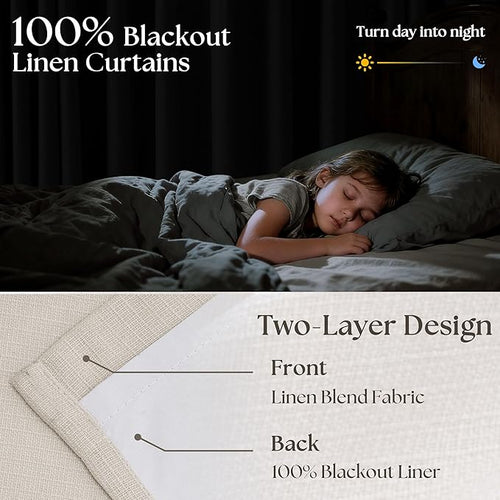 102 Inch Pinch Pleated Blackout Curtains for Bedroom 2 Panels Thick Linen Textured Memory Trained 100% Black Out Room Darkening Natural Cream Ivory Window Curtains Double Layer Pinch Pleat Drapes