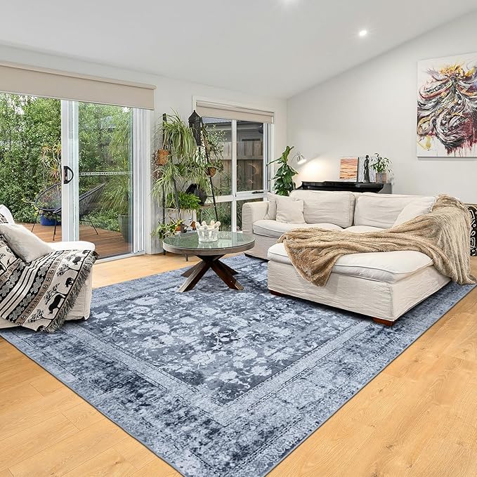 Area Rug 5×7, Vintage Boho Rug,Ultra-Soft Low Pile, Washable, Non Slip,Stain Resistant Printed Carpet for Living Room Bedrooms Playroom Office Kitchen, Stone/Blue