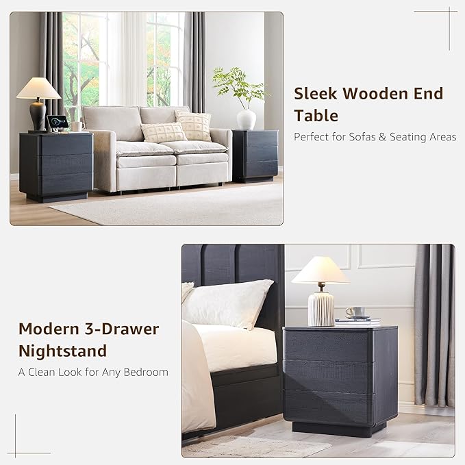 ACCOHOHO 22" Modern Nightstand with Charging Station, Push-to-Open Handleless 3 Drawers Bedside Table, Large End Table with Storage, Night Stand for Bedroom, Living Room, Curved Profile, Black