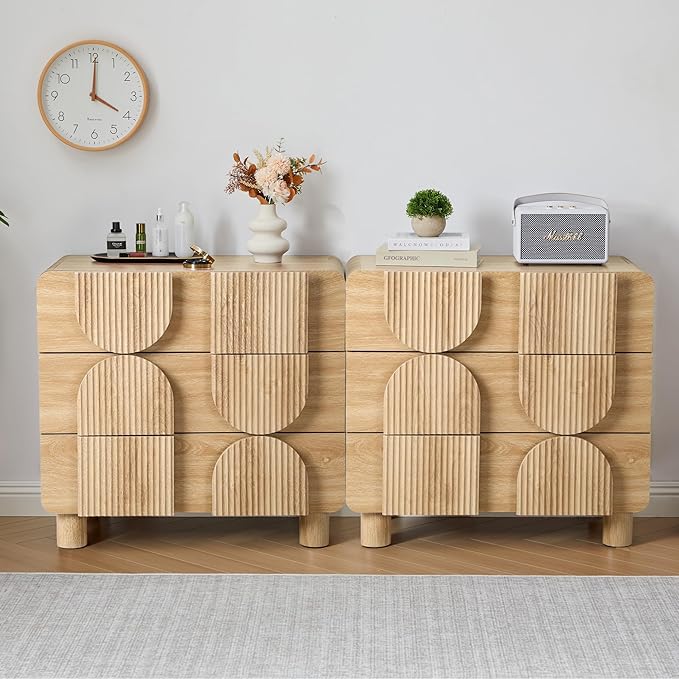 3 Drawer Dressers for Bedroom, 31.5" Wide Large Mid Century Modern Fluted Nightstand 2 Sets, Wood Dresser & Chest of Drawers with Curved Profile for Living Room, Entryway, Hallway Natural