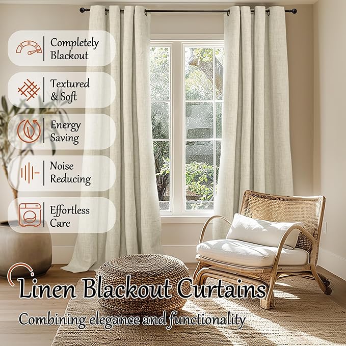 Cream 100% Blackout Curtains for Living Room 95 Inch Length 2 Panels Set, Thermal Insulated Light Blocking Faux Linen Curtains for Bedroom, Bronze Grommet Boho Window Drape Each 52" Wide