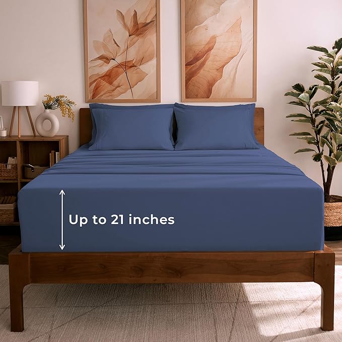 Mellanni California King Sheet Set - 6-Piece Iconic Collection Bedding, (Including 4 Pillowcases), 21-Inch Extra Deep Pocket, Easy Care, Ultra Soft, Cooling Sheets, Brushed Microfiber - Blue Nova