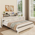 King Size Bed Frame with Wooden Storage Headboard, Farmhouse Platform Bedframe with LED Lights and Charging Station, Easy Assembly, No Box Spring Needed (White, King)